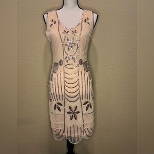 Elegant Cream and Brown Sequin and Bead Embellished Dress